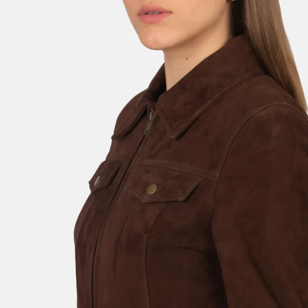 Women Dark Brown Suede Trucker Jacket