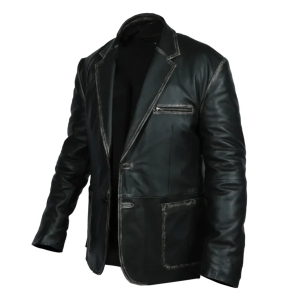 Men Formal Button Style Black Leather Blazer