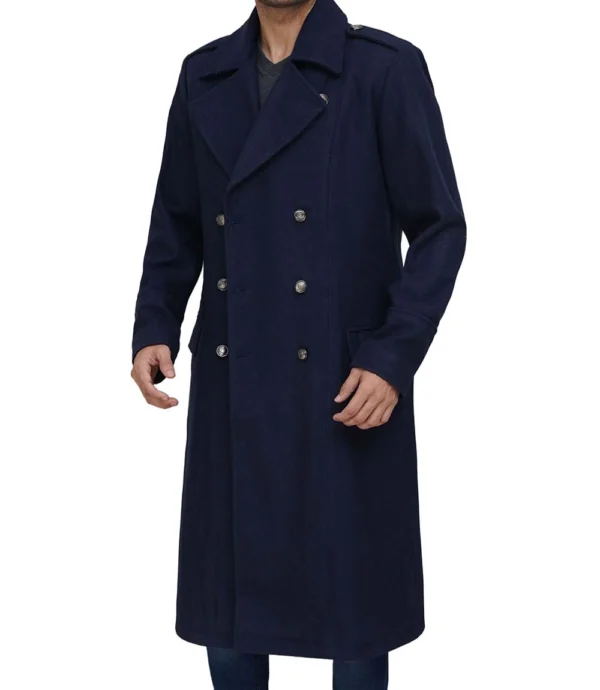 Men Double Breasted Navy Blue Wool Overcoat