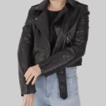 Women Cropped Black Leather Biker Jacket