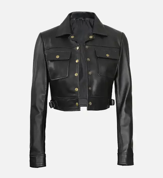 Women Black Cropped Leather Trucker Jacket