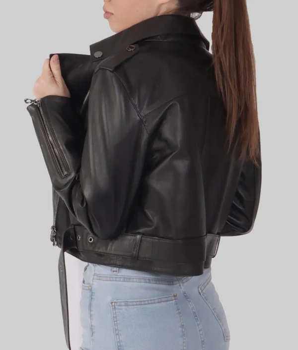 Women Cropped Black Leather Biker Jacket