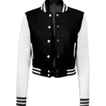 Women Black And White Cropped Varsity Jacket