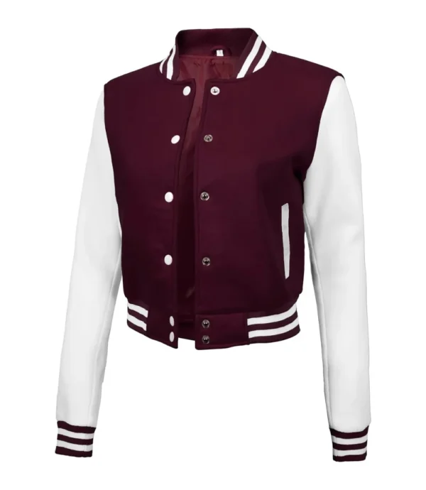 Womens Maroon And White Cropped Varsity Jacket