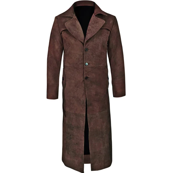 Men Dark Snuff Brown Leather Duster Coat