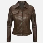 Women Dark Brown Leather Trucker Jacket