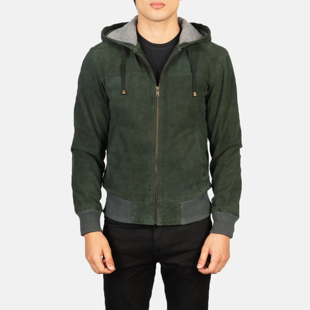 Men Green Hooded Suede Bomber Jacket