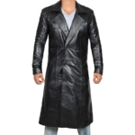Men Black Trench Distressed Leather Coat