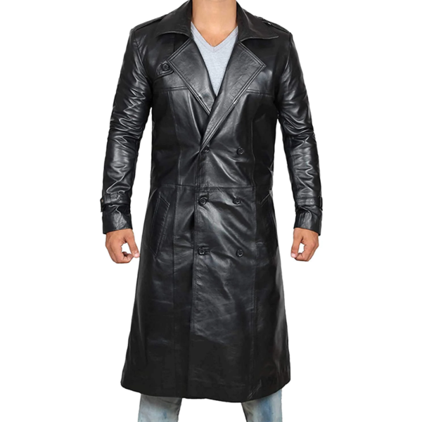 Men Black Trench Distressed Leather Coat