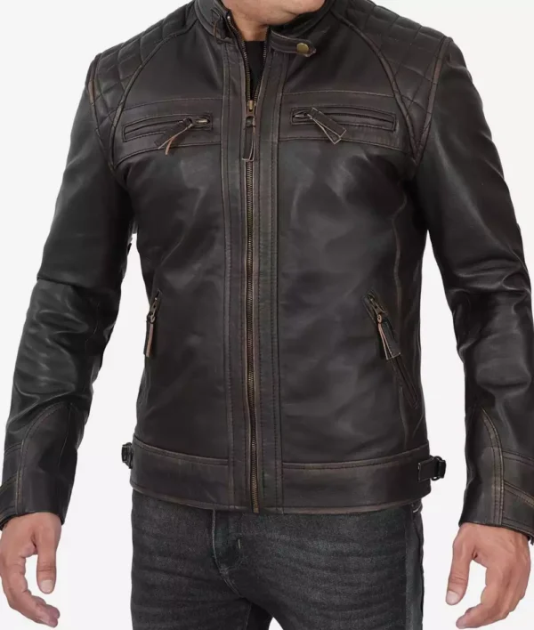 Men Tall Quilted Distressed Brown Leather Jacket