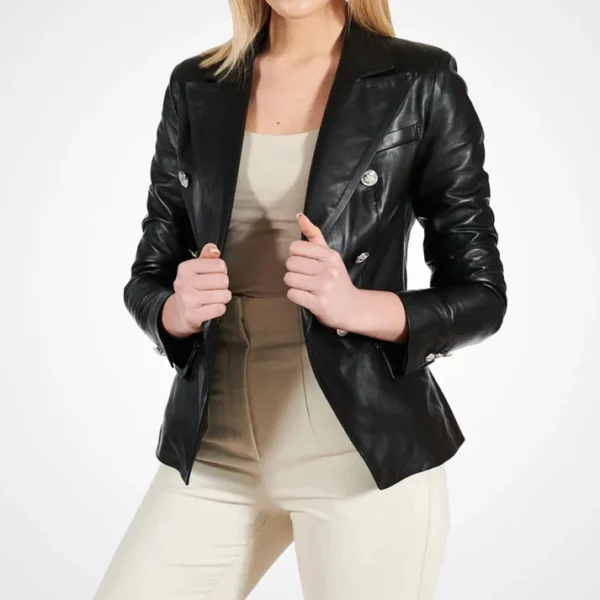 Womens Black Double Breasted Leather Coat