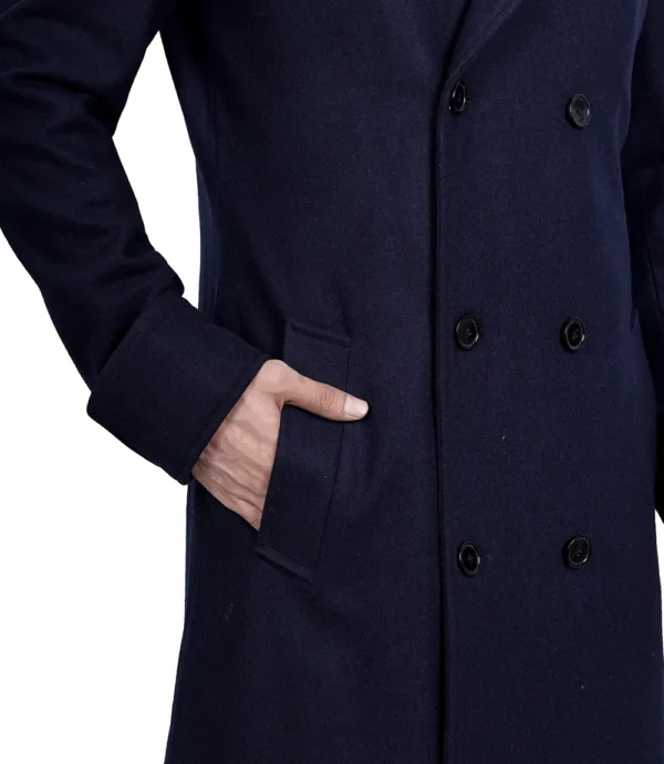 Men Blue Double Breasted Long Wool Coat