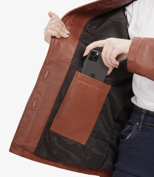 Womens Long Cognac Oversized Belted Leather Jacket
