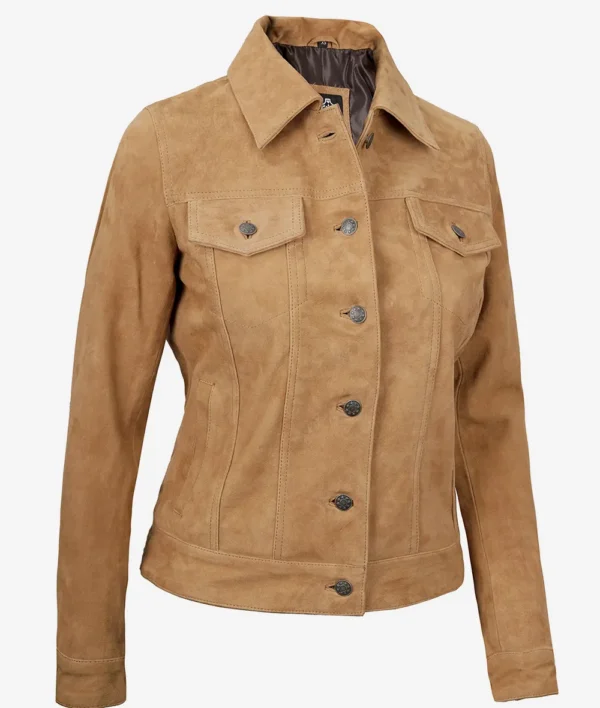 Women Light Brown Suede Trucker Jacket