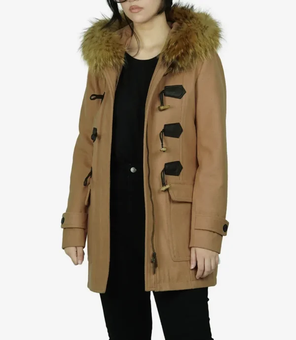 Womens Camel Brown Fur Hooded Wool Duffle Coat