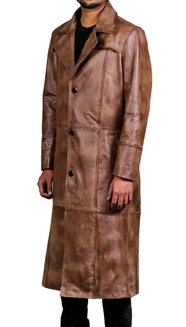 Men Leather Brown Wax Duster Coat