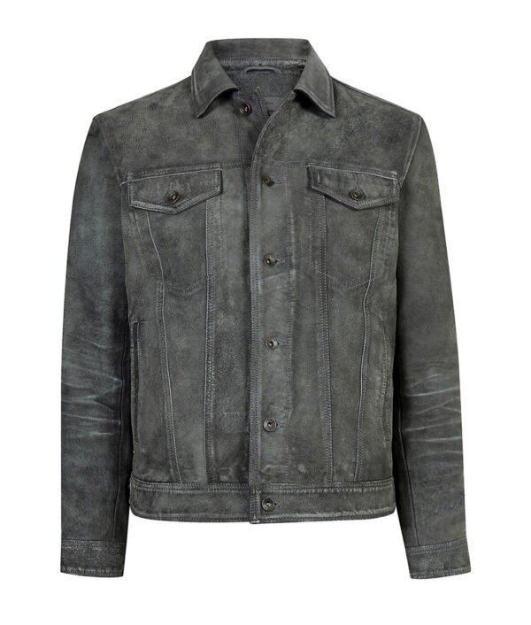Mens Caleb Gray Trucker Style Suede Jacket