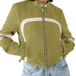 Womens Green Faux Leather Motocross White Stripes Jacket