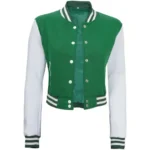 Women Green & White Cropped Varsity Jacket