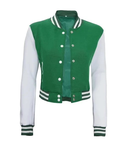 Women Green & White Cropped Varsity Jacket