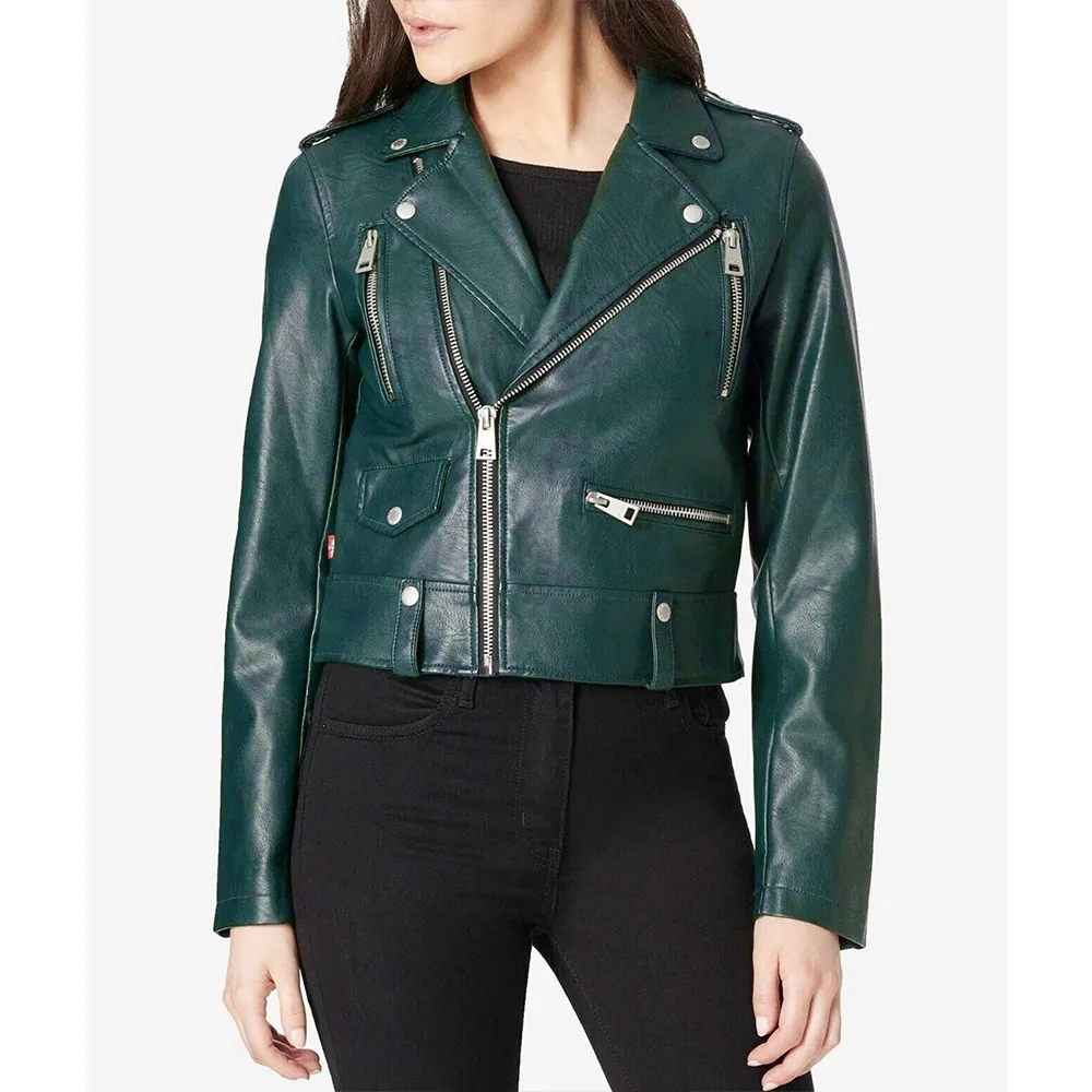 Womens Green Cropped Biker Jacket