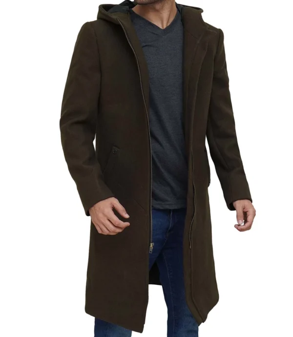 Men Olive Green Long Wool Coat With Attached Hood