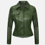 Women Green Leather Trucker Jacket