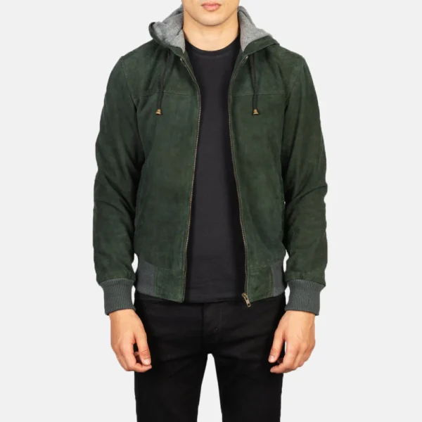 Men Green Hooded Suede Bomber Jacket