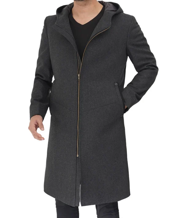 Mens Grey Wool Hood Coat
