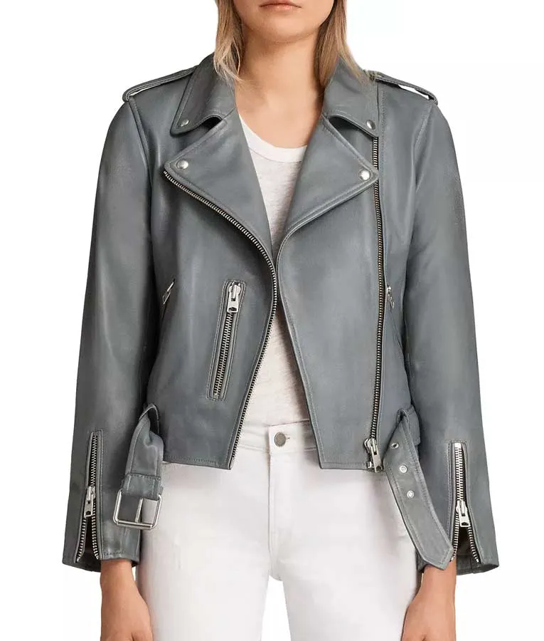 Women Gray Leather Biker Jacket