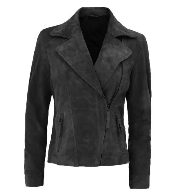 Women Grey Suede Leather Biker Jacket