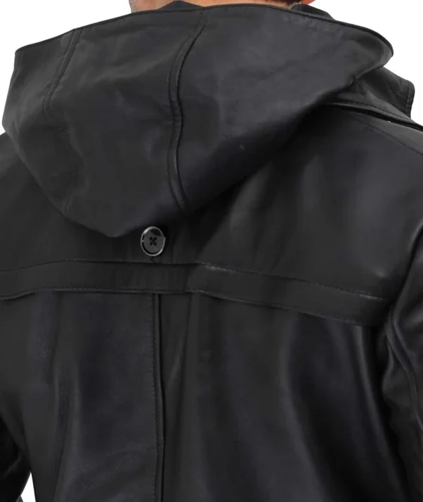 Men Black Hooded Leather Duster Coat
