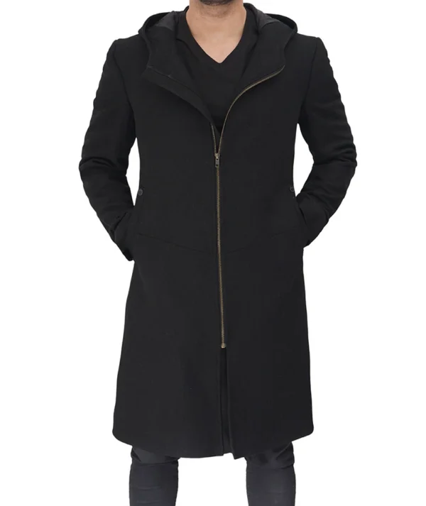 Mens Black Wool Hooded Coat