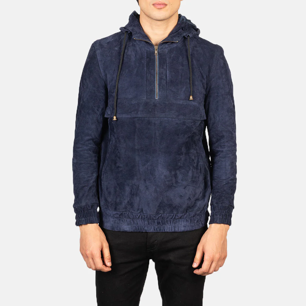 Mens Kenton Hooded Blue Suede Jacket