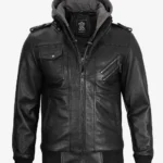 Men Tall Black Bomber Leather Jacket With Removable Hood