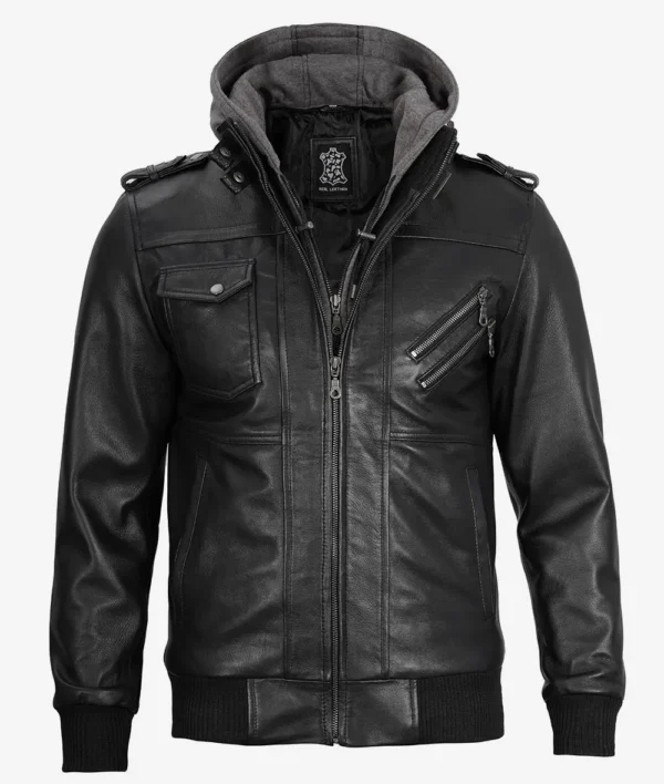 Men Tall Black Bomber Leather Jacket With Removable Hood