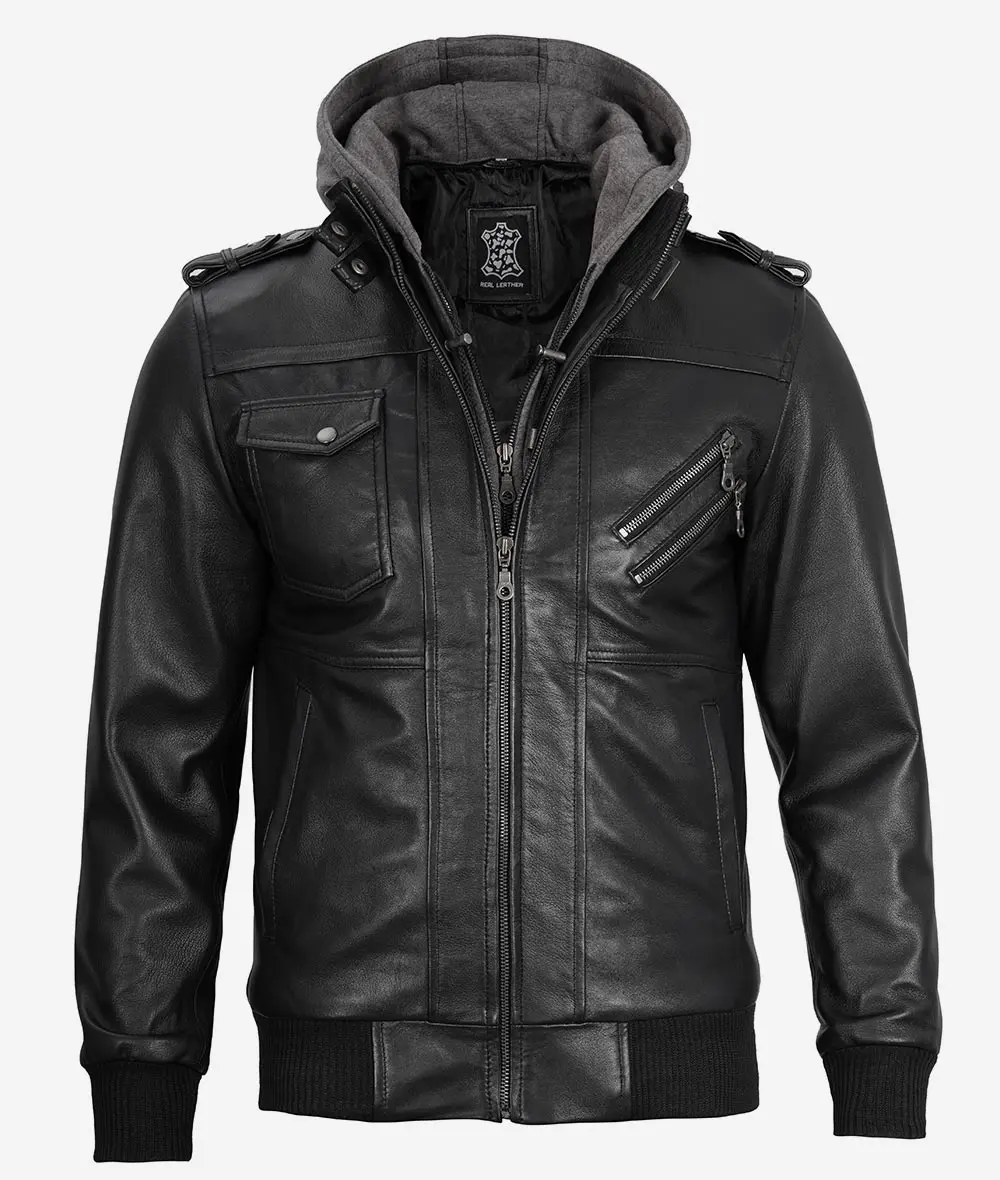 Men Tall Black Bomber Leather Jacket With Removable Hood