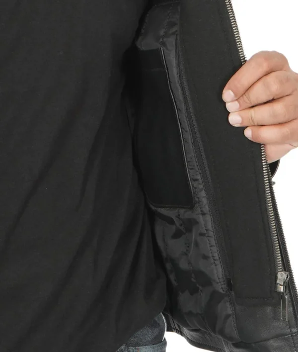 Mens Tall Black Leather Racer Jacket With Removable Hoodie