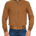 Men Light Brown Suede Bomber Jacket