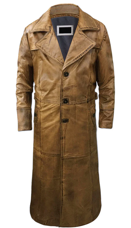 Men Brown Leather Full Length Duster Coat
