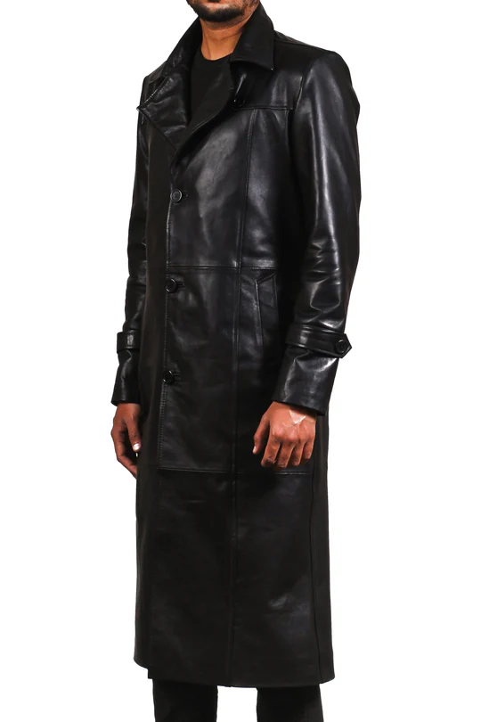 Men Black Leather Long Duster Coat