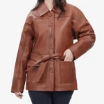 Womens Long Cognac Oversized Belted Leather Jacket
