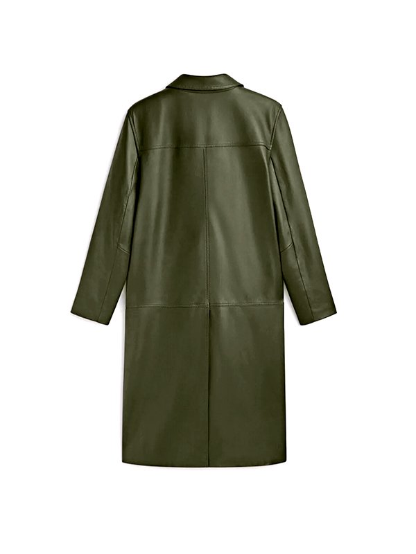Men Military Green Leather Long Coat