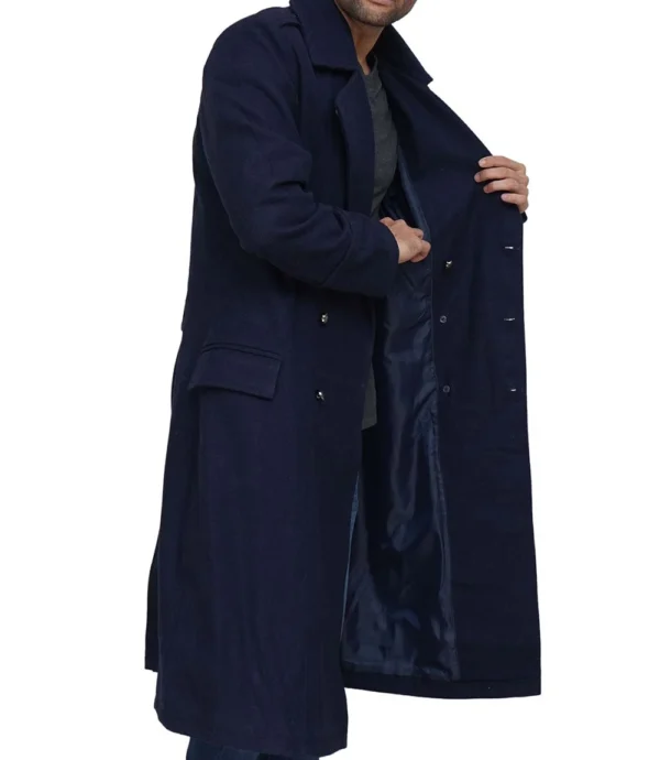 Men Double Breasted Navy Blue Wool Overcoat