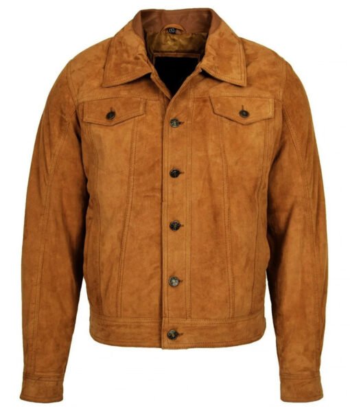 Mens Brown Long Sleeve Suede Trucker Jacket