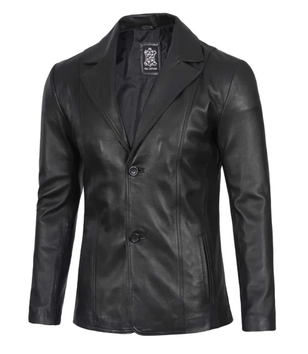 Men Two Button Black Leather Blazer