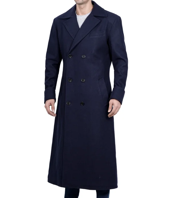 Men Blue Double Breasted Long Wool Coat