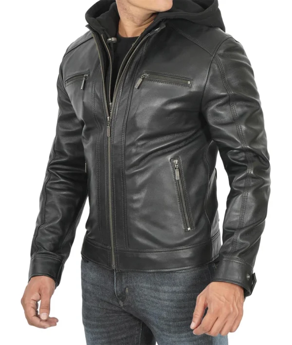 Mens Tall Black Leather Racer Jacket With Removable Hoodie