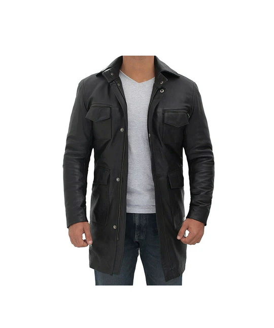 Mens Four Pocket Black Leather Trench Coat