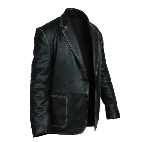Men Formal Button Style Black Leather Blazer